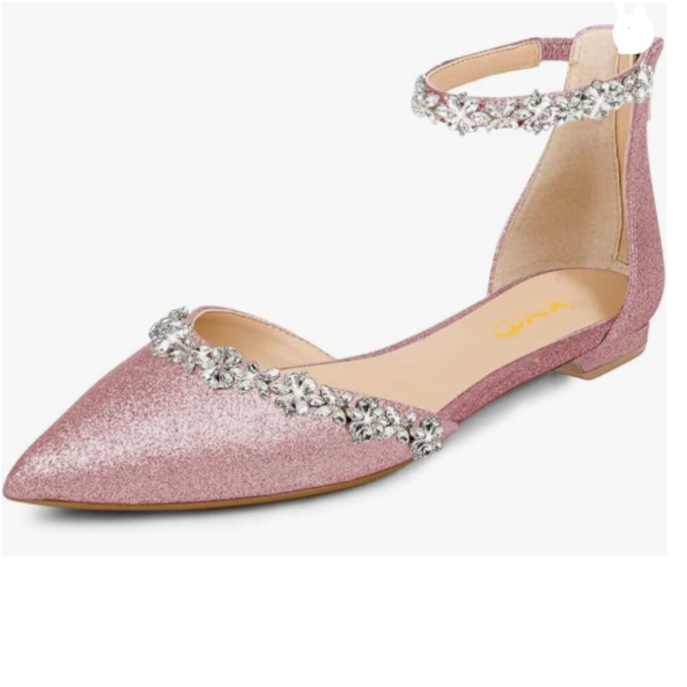 XYD Pink-glitter Pointed Toe Sparkly Rhinestones Ankle Strap Wedding Sandals